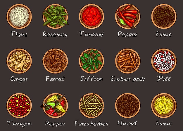 Free vector vector illustration of a variety of spices and herbs in wooden bowls on a black background