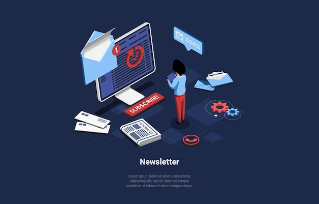 Vector illustration with characters, cartoon 3d style, isometric composition. newsletter advertisement concept. product placement and promotion strategy through emails, letters advert, online commerce
