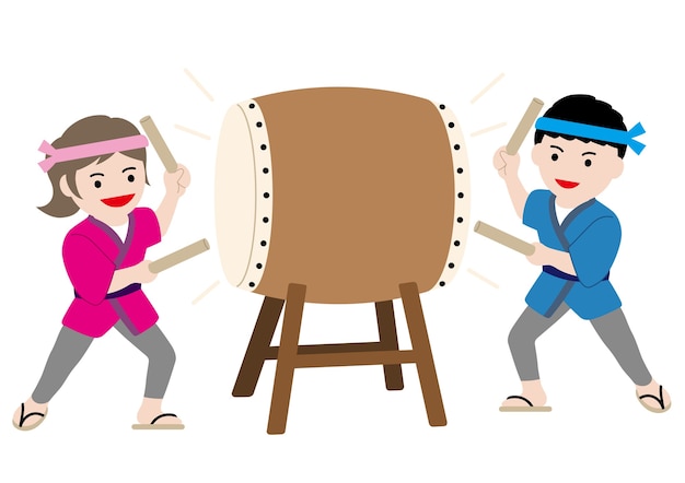 Vector illustration with a man and a woman performing a Japanese traditional taiko drum
