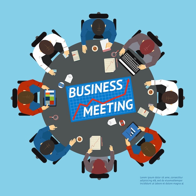 Vector illustration with an overhead view of business people at a round negotiating table with graph  charts  tablet computers and a laptop