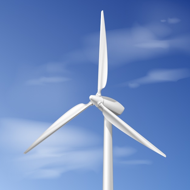 Vector illustration with wind turbine over blue cloudy sky