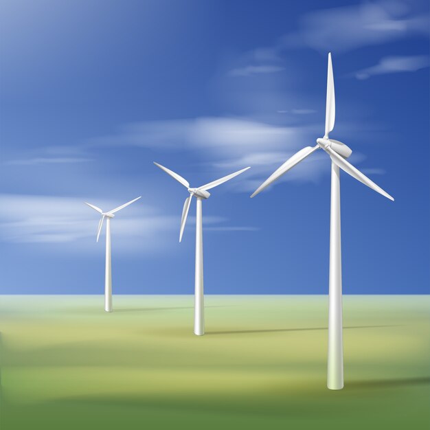 Vector illustration with wind turbines on the green grass over the blue cloudy sky