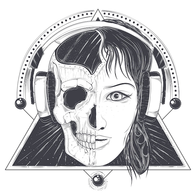 Vector illustration of a woman face and skull, tattoo template