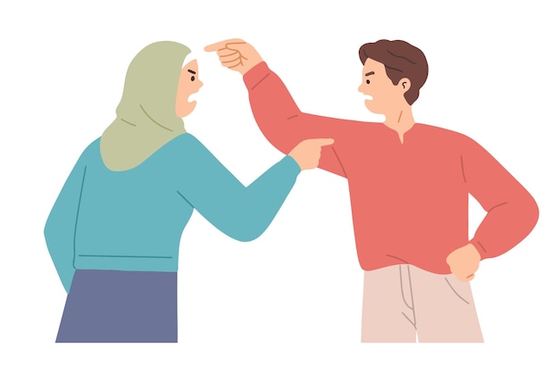 젊은 남자와 싸우는 젊은 무슬림 여성 캐릭터의 벡터 그림