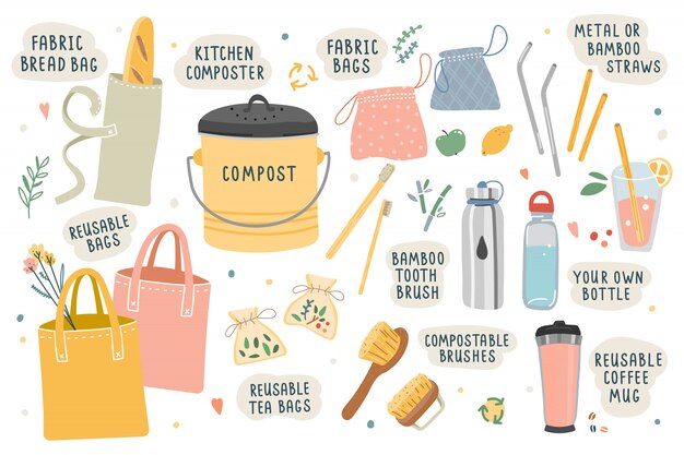 Vector illustrations of tools and things for ecological zero waste