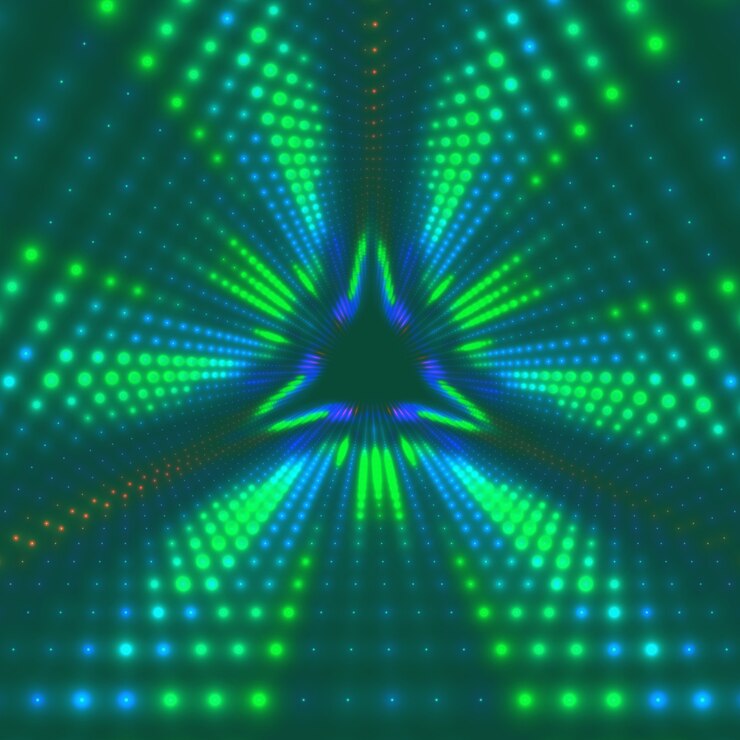 Free Vector vector infinite triangular tunnel of shining flares on background. glowing points form tunnel sectors.