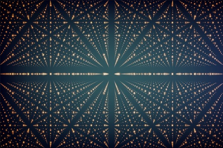 무료 Vector 벡터 무한대 데이터 시각화. 이진수 격자가있는 빅 데이터 구조. 정보 코드 배열 표현. 암호화 분석. 비트 코인 블록 체인 전송.