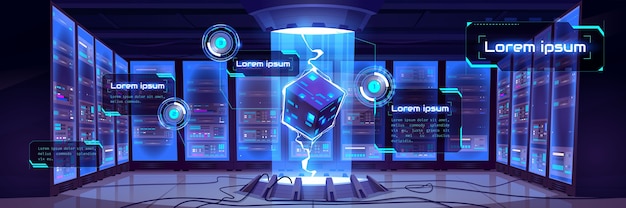 Free vector vector infographic background with cartoon interior of future data center room with server hardware and hologram of processor. concept of bigdata technology, cloud information base