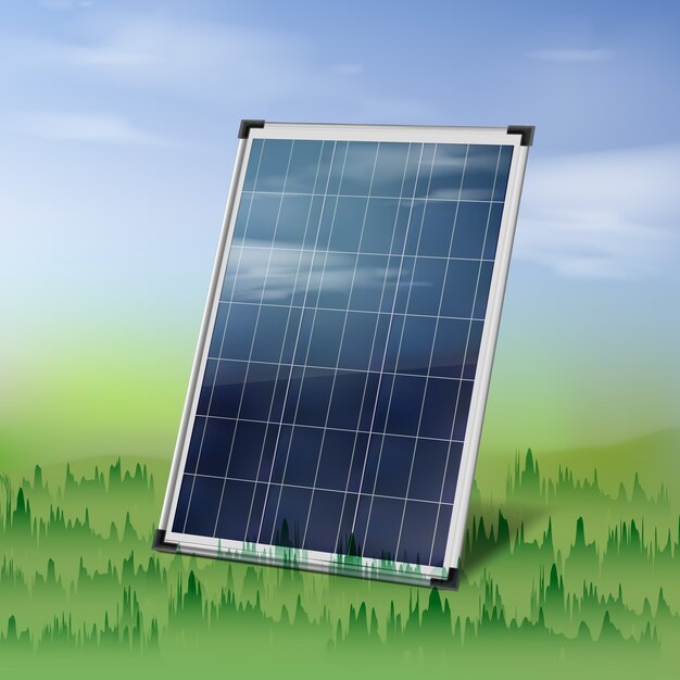 Vector isolated solar panel close up on the green grass over the blue cloudy sky