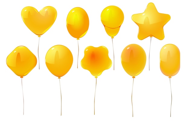 Set di palloncini da festa di cartoni animati gialli isolati vettoriali celebrazione di compleanno con icona di palloncino fascio carnevale decorazione gonfiabile su corda elemento diverso su sfondo bianco decorazione cuore e stella