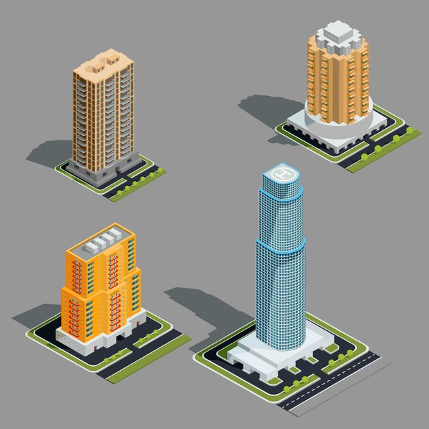 Vector isometric 3D illustrations of modern urban buildings