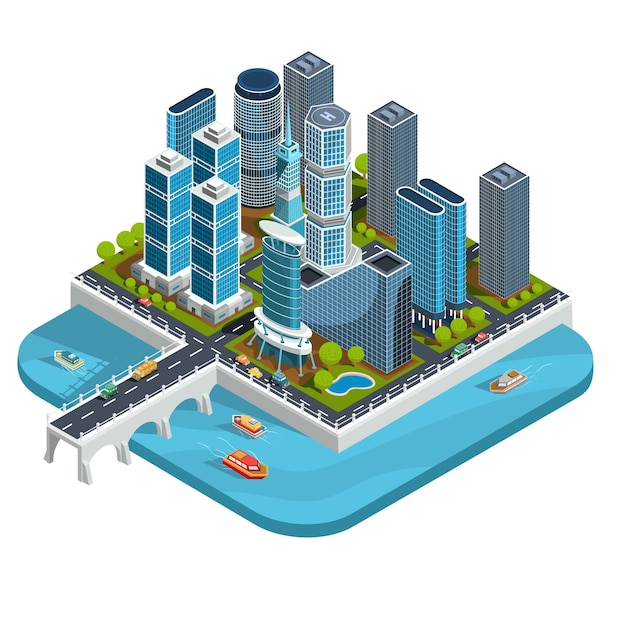 Free vector vector isometric 3d illustrations of modern urban quarter with skyscrapers, offices, residential buildings, transport