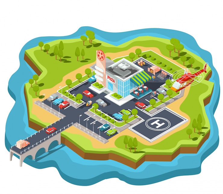 Free Vector vector isometric illustration of a modern italian fast food restaurant with parking and helipad.