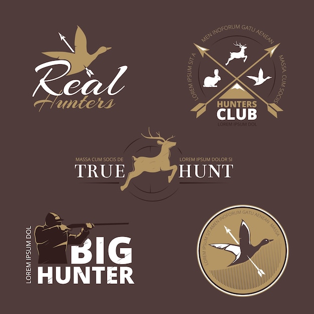 Vector labels with duck, deer, hare, gun and hunter. Hunt with gun, hunt duck, emblem hunting, logo hunter, hunt badge label,  hunter club, hunt animal illustration