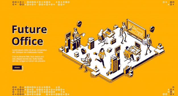 Vector landing page of future office with robots