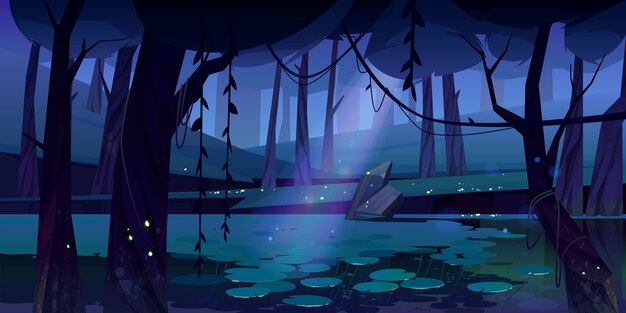 夜の森の沼のあるベクトル風景