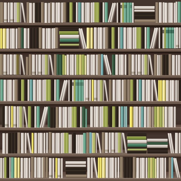 Вектор большой библиотечный книжный шкаф фон, полный различных белых, желтых, зеленых и коричневых книг