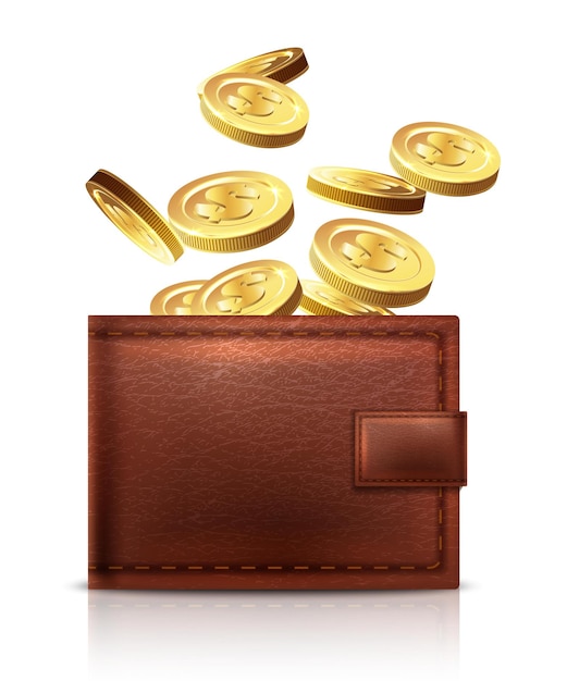 vector leather wallet with golden coins falling in it Isolated on white background