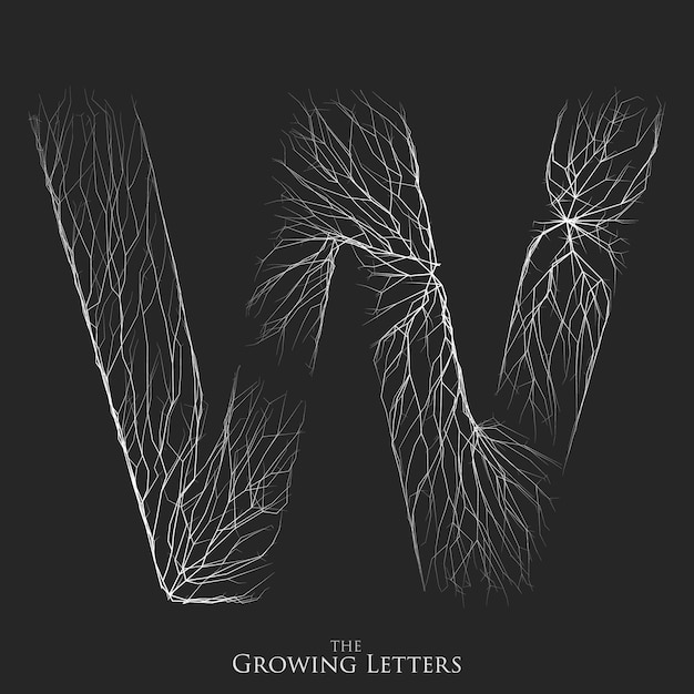 Вектор буква W ветви или трещины алфавита. Символ W, состоящий из растущих белых линий. Расколотые буквы. Освещение силуэт заглавных букв. Абстрактный шрифт.