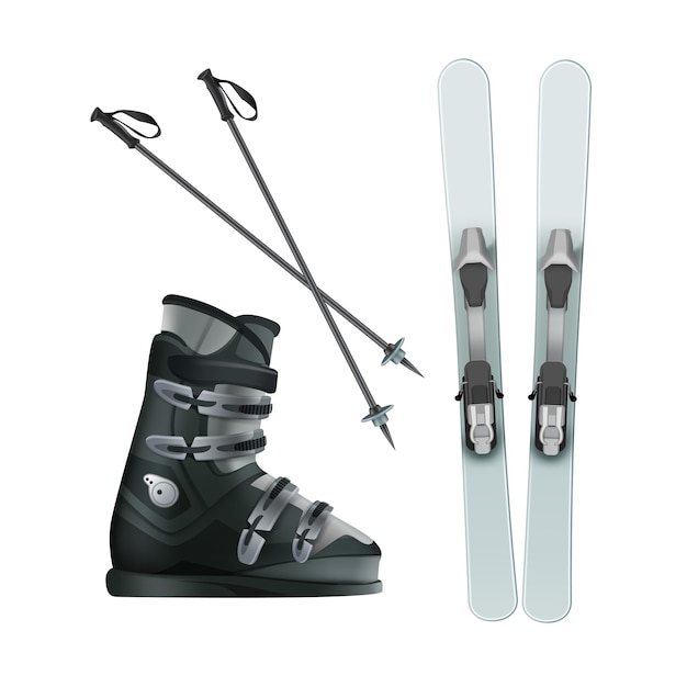 Бесплатное векторное изображение Вектор светло-голубые лыжи с ботинками и черными палками сверху, вид сбоку, изолированные на белом фоне