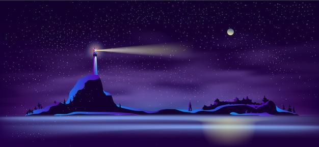 Vector lighthouse at night in ultraviolet colors