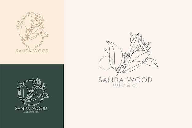 Векторный линейный набор ботанических иконок и символов - сандал. дизайн логотипов для эфирного масла сандалового дерева. натуральный косметический продукт.