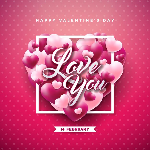 Vector Love You Happy Valentines Day Design с красным и белым сердцем и типографским письмом