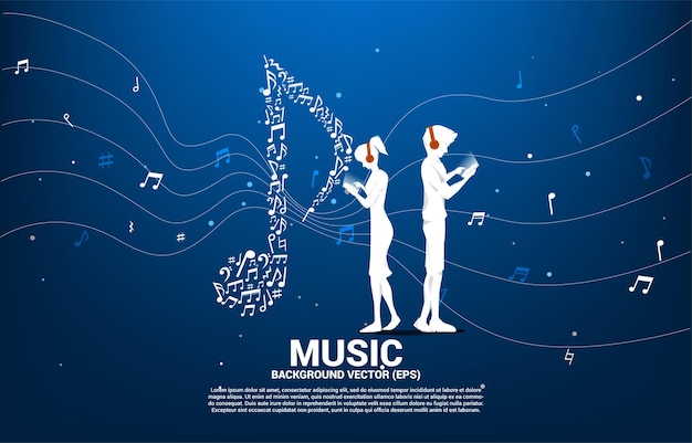Vector man and woman with mobile phone and headphone and music melody shape key note music dancing flow . concept background for online streaming music.