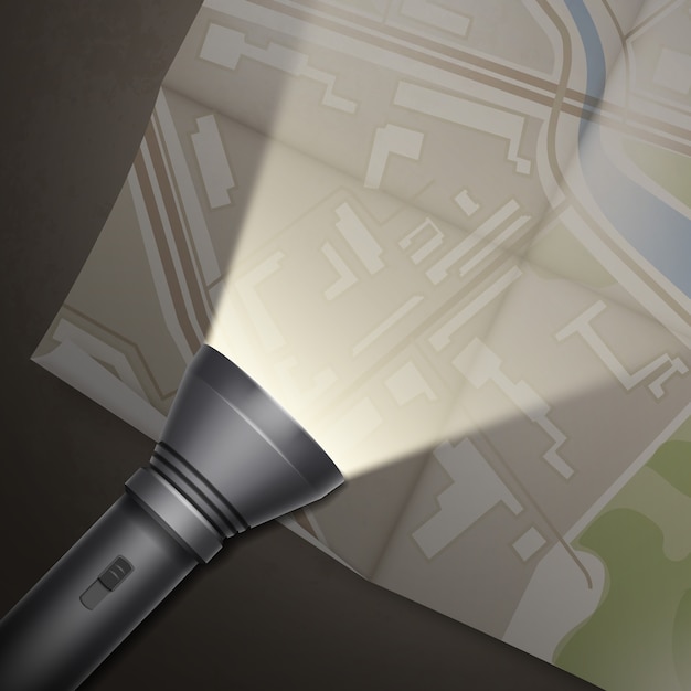 Free vector vector map with pocket turned on flashlight top view on dark table