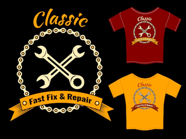 Vettore gratuito vector mechanic fast fix and repair t-shirt template design isolato su sfondo nero.