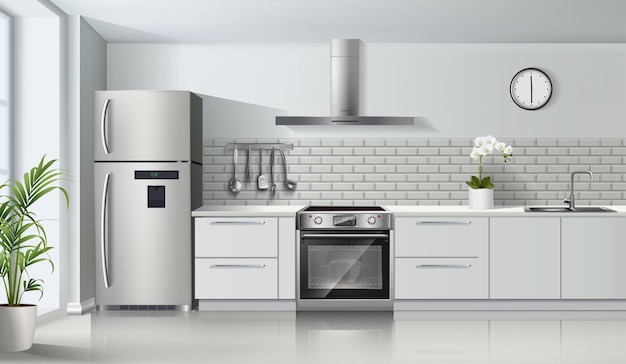 vector modern light color realistic kitchen interior with gas stove and oven cabinets shelves an