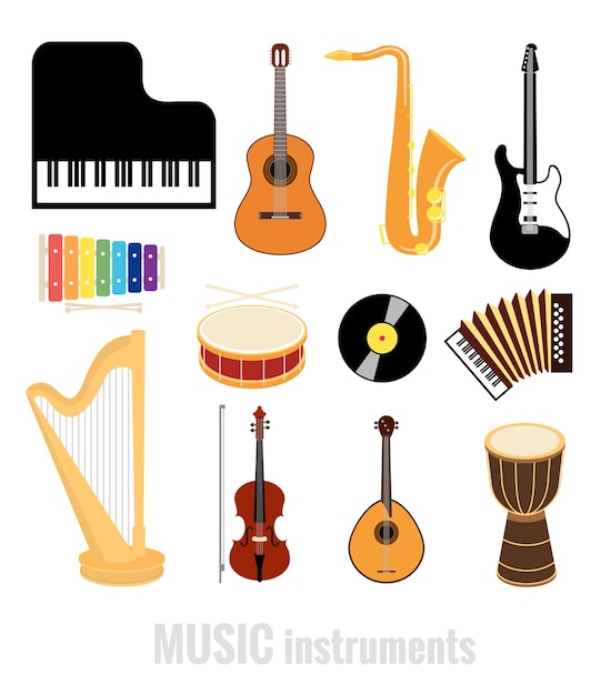 vector music instruments flat icons isolated on white background
