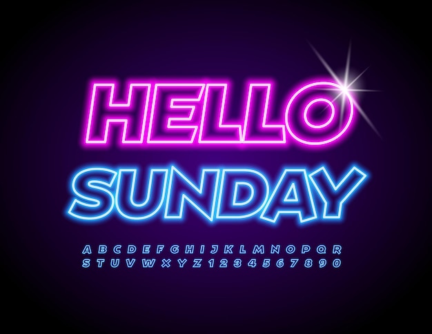 Вектор неоновый плакат привет воскресенье электрический синий шрифт модные светящиеся буквы алфавита и цифры