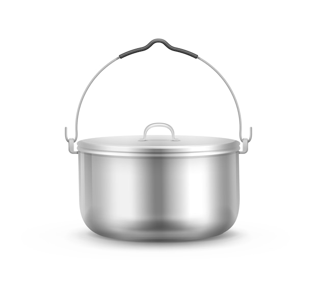 Vector new shiny steel camping pot with lid and handle side view isolated on white background