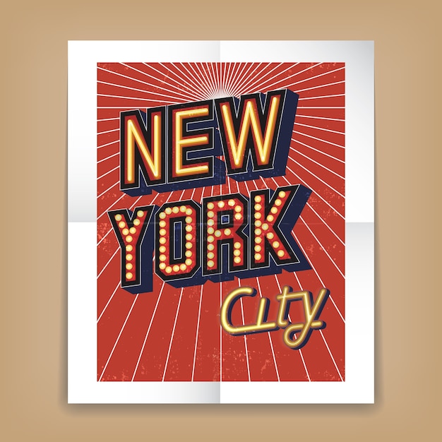 Manifesto di new york city vettoriale con caratteri di testo sotto forma di insegne al neon o elettriche