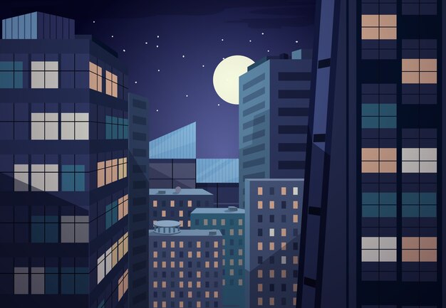 Вектор ночной городской пейзаж. Городской дизайн, бизнес-офис, луна и небо