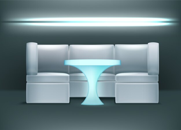 Интерьер ночного клуба Vector в синих тонах с подсветкой, креслами и столом с подсветкой