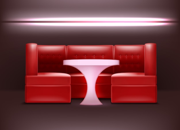 Interni di night club di vettore nei colori rosso con retroilluminazione, poltrone e tavolo illuminato