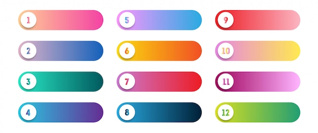 Vector number bullet point 1 to 12 colorful web buttons set