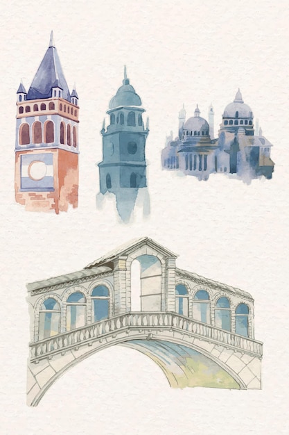 Vector old european architecture watercolor collection