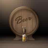 Free vector vector old wooden barrel on rack with bronze stopcock and glass mug of beer front view isolated on background