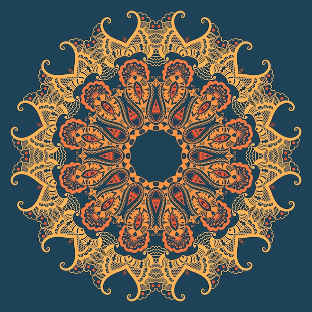 Pizzo decorativo in oro decorativo con damasco e elementi arabeschi. stile mehndi. orientare l'ornamento tradizionale. ornamento floreale colorato rotondo di zentangle.