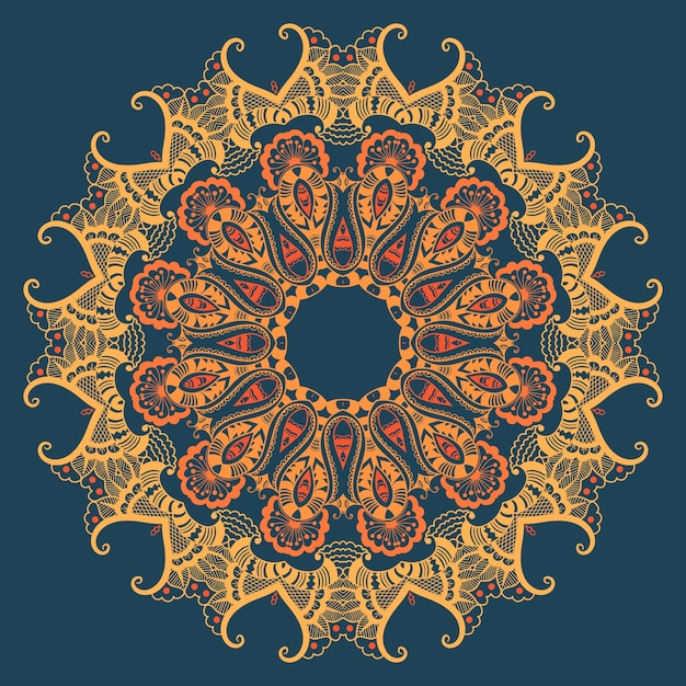 Vector ornamental round lace with damask and arabesque elements. Mehndi style. Orient traditional ornament. Zentangle-like round colored floral ornament.