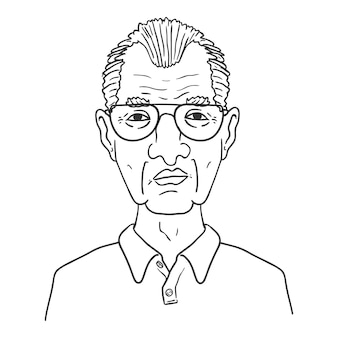 Vector outline character - old man in eyeglasses. male retired person portrait.
