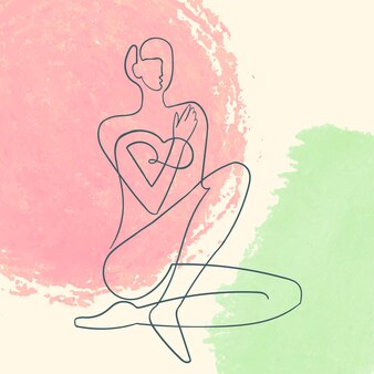 Vector outline illustration of woman body on abstract blobe background one line drawing