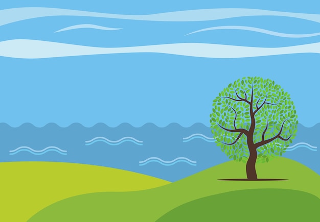 Vector panoramic cartoon landscape with the lonely tree against the see.