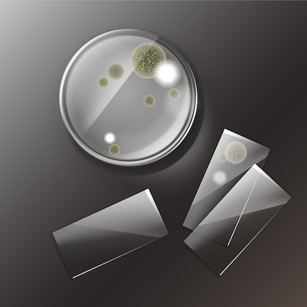 Vector petri dish with molds, bacterial colonies top view isolated on background