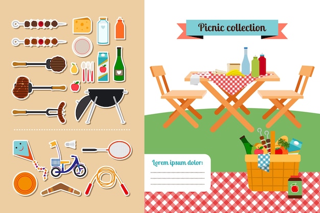 Free vector vector picnic elements collection. meat and food, hot steak, barbeque and grill