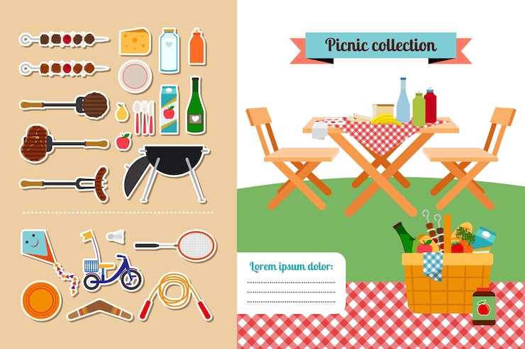 Free Vector vector picnic elements collection. meat and food, hot steak, barbeque and grill