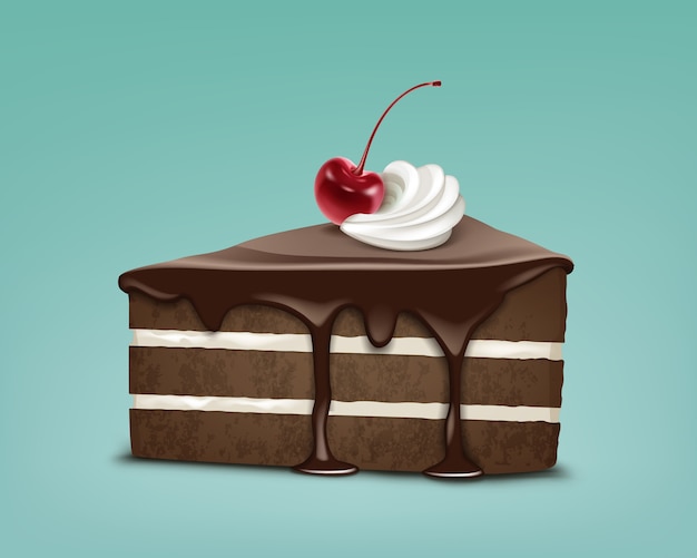 Vector piece of chocolate puff cake with icing, whipped cream and maraschino cherry isolated on blue background